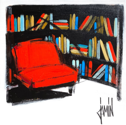 Bibliothèque au fauteuil rouge